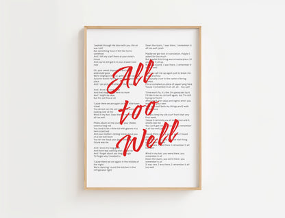 Taylor "All too Well" Lyric Poster | Pop Culture Wall Art Print