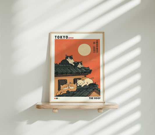 Sleeping Cats on Tokyo Rooftop Print | Japanese Wall Art