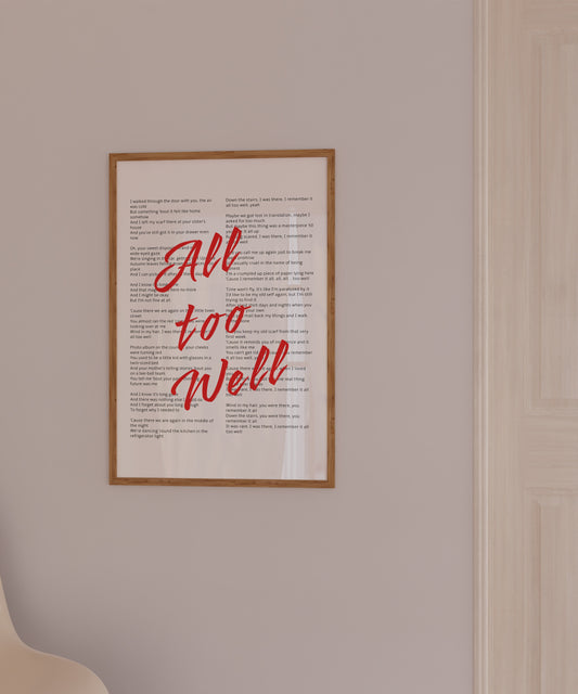 Taylor "All too Well" Lyric Poster | Pop Culture Wall Art Print