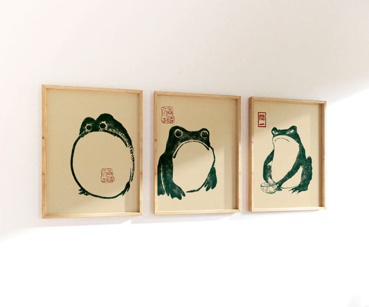 Japanese Grumpy Frogs | Matsumoto Hoji Print Set | Gallery Wall | Set of 3