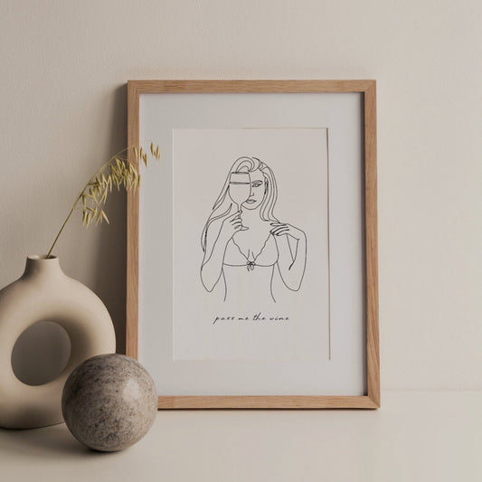 Pass Me Wine, Female Line Drawing Quote | Modern Woman Wall Art