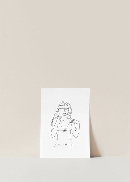 Pass Me Wine, Female Line Drawing Quote | Modern Woman Wall Art