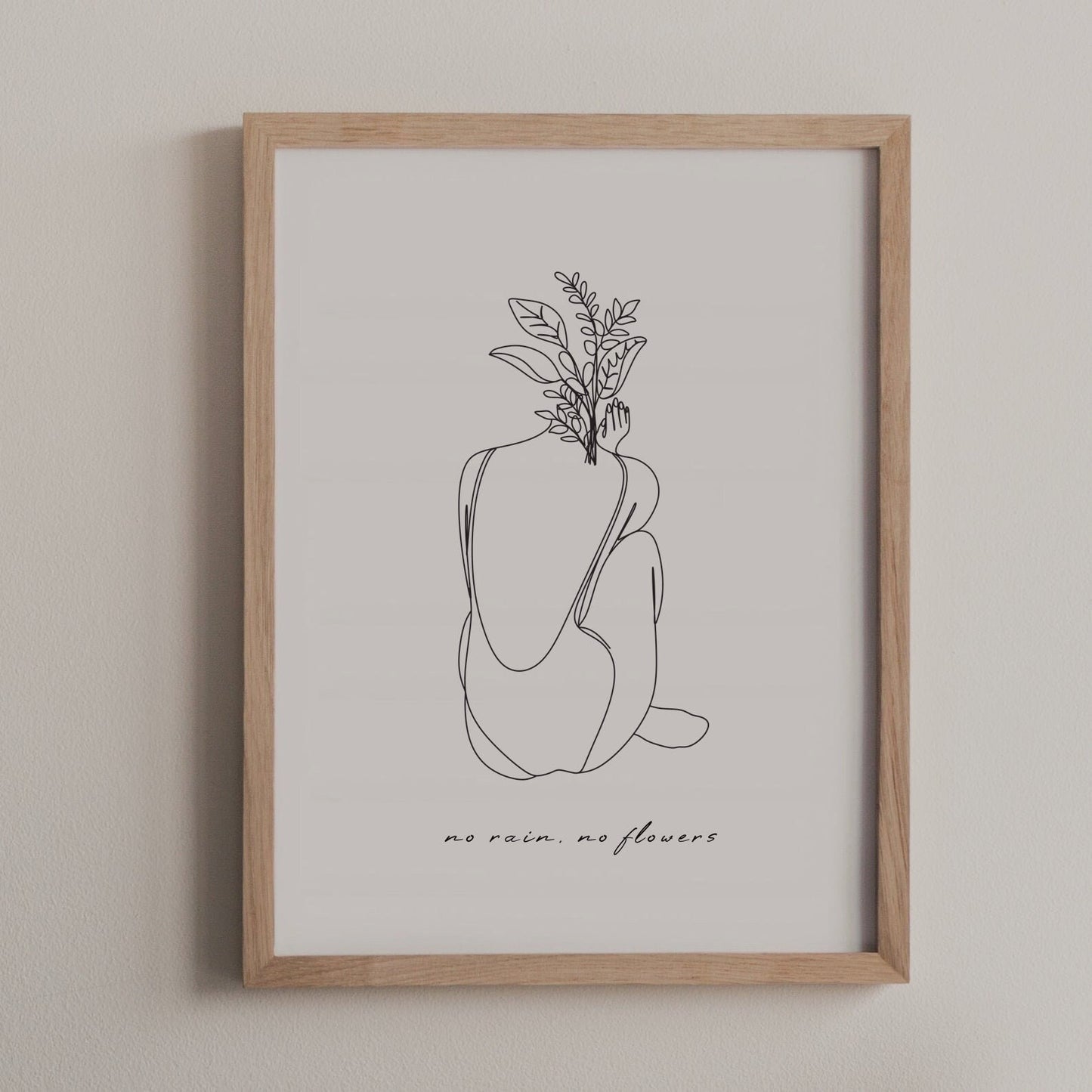 Female Line Drawing "No Rain, No Flowers" Art | Modern Woman Wall Art