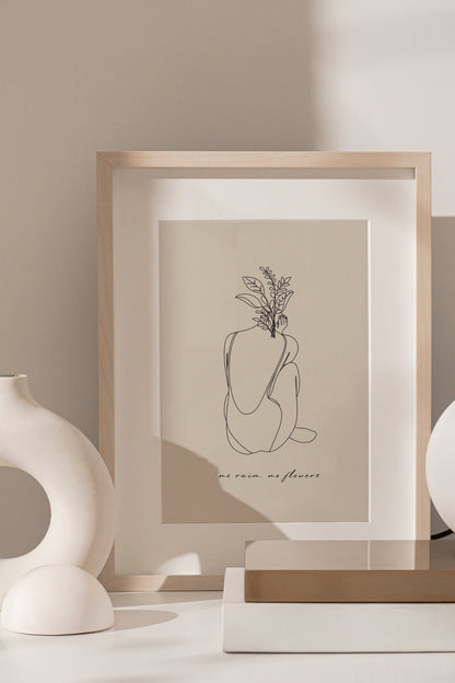 Female Line Drawing "No Rain, No Flowers" Art | Modern Woman Wall Art