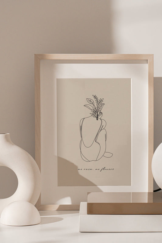 Female Line Drawing "No Rain, No Flowers" Art | Modern Woman Wall Art